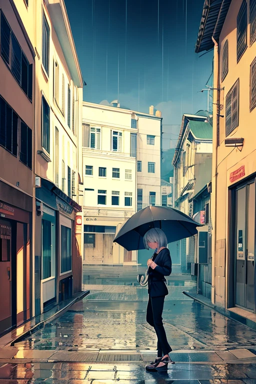 cute, masterpiece, highest quality, A girl with an umbrella, alone, Landscape,Look down,Silver Hair, Small earrings Short hair, casual,outside,rain,office Street,Artistic,An illustration,Pants Style,Line art,View your viewers