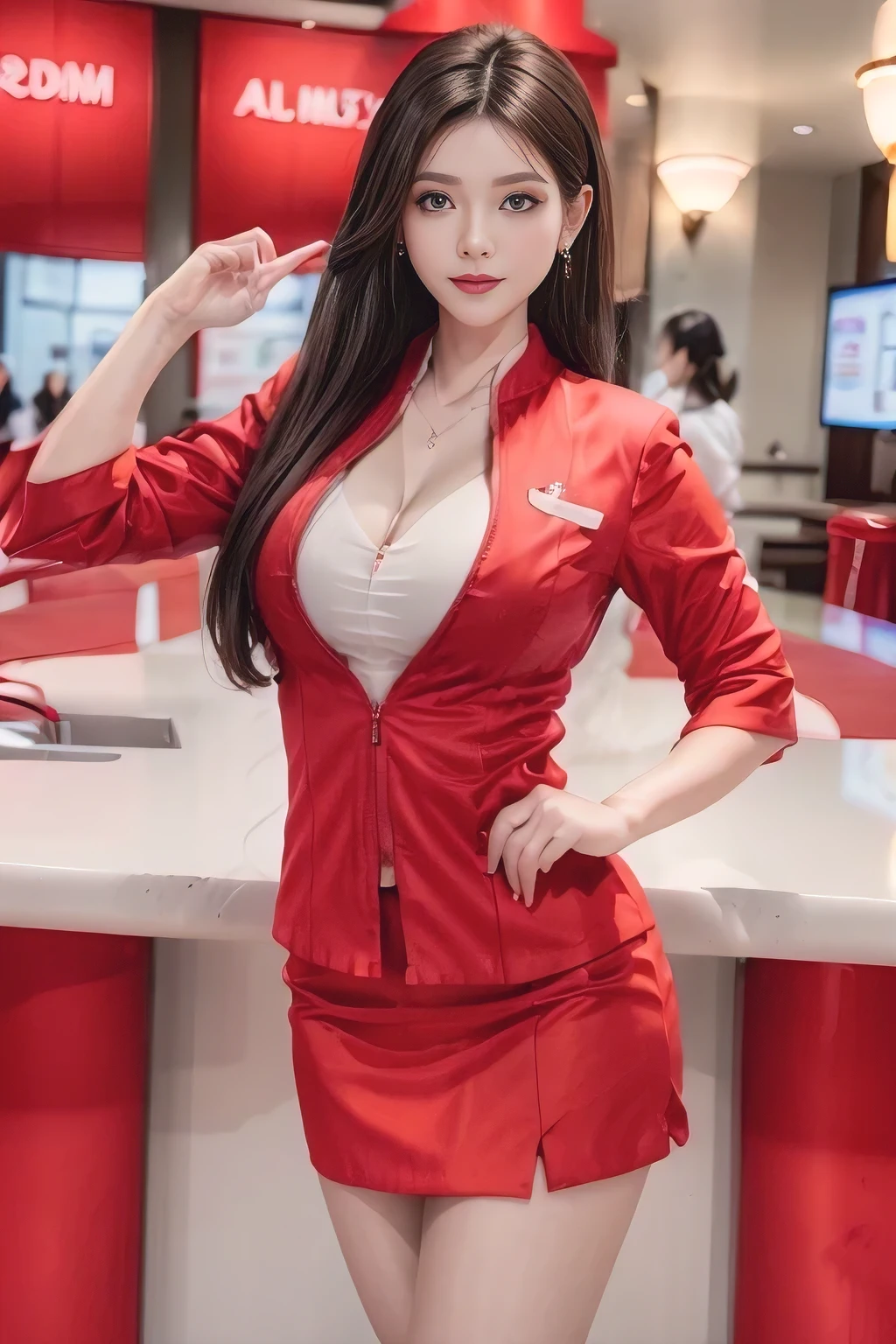 AirAsia red jacket uniform、Dark brown hair、Luxury earrings、Captivating look、Blue Eyes、Young Asian Woman