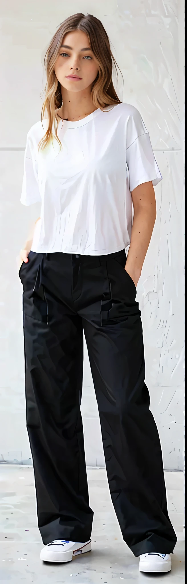 a woman in a white shirt and black pants posing for a picture, black pants, black pants, matte black pants, Loose pants, baggy black pants, big pants, black suit pants, com dois bolsos frontais, wearing pants and t-shirt, manga larga cropped, Swollen short pants, perto de um magro, imagem detalhada do produto, with hands in pockets