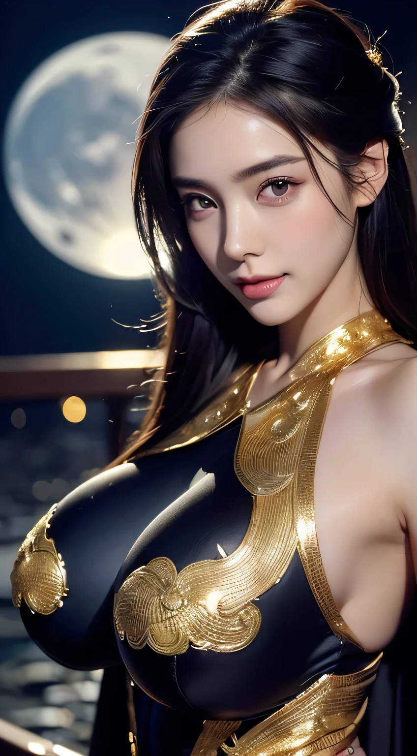 Kimono beauty, body portrait, 8k, thin and beautiful eyes, Dindal effect, masterpiece, top quality, high quality, high resolution, very detailed photo, (natural skin texture, fine skin, hyper realism, super sharpness) , high detail skin, (very fine, fine skin texture, intricate details, beautiful face, (real-like face), realistic eyes, beautifully detailed eyes, realistic skin, beautiful skin, surreal, Highly detailed, golden ratio, smiling eyes, ((night moonlight background)), body portrait, G cup, big breasts, huge breasts, big breasts, glamorous, shiny bodysuit