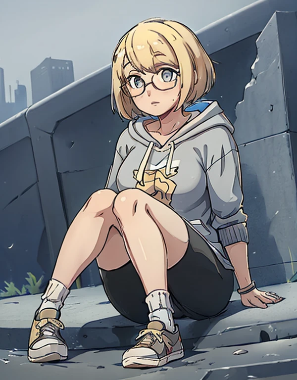 1 girl, Blonde hair, short hair, plump girl, glasses, grey hoodie, bike shorts, socks, sneakers, sitting 