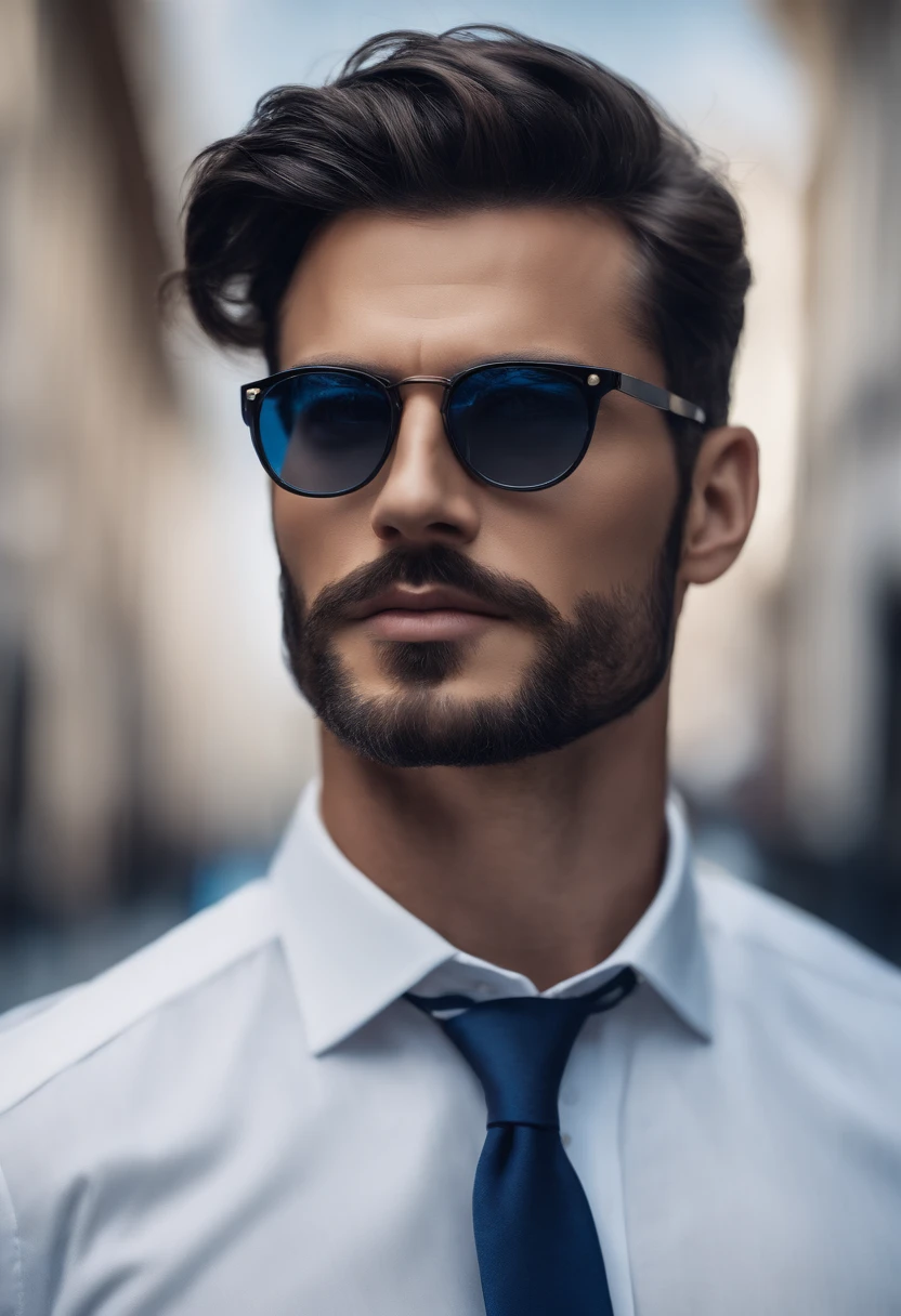 sunglasses、(Stylishly dressed professional man), (Beardless,) (blue eyes) (Portraiture) Handsome and serious appearance, Dark blue hair, Elegant and refined, Strong body and very formal white shirt, (Realistic and high quality images), ((highest quality, 8k, masterpiece).