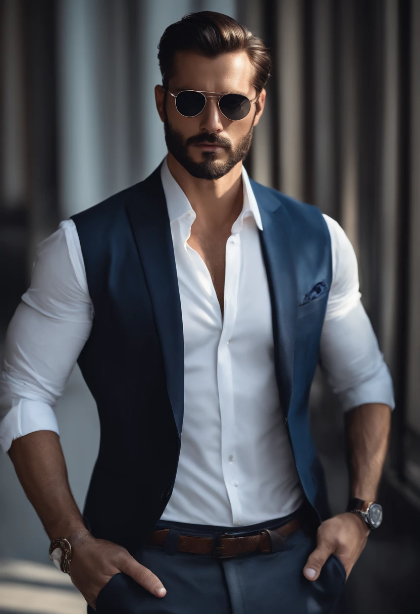 sunglasses、(Stylishly dressed professional man), (Beardless,) (blue eyes) (Portraiture) Handsome and serious appearance, Dark blue hair, Elegant and refined, Strong body and very formal white shirt, (Realistic and high quality images), ((highest quality, 8k, masterpiece).