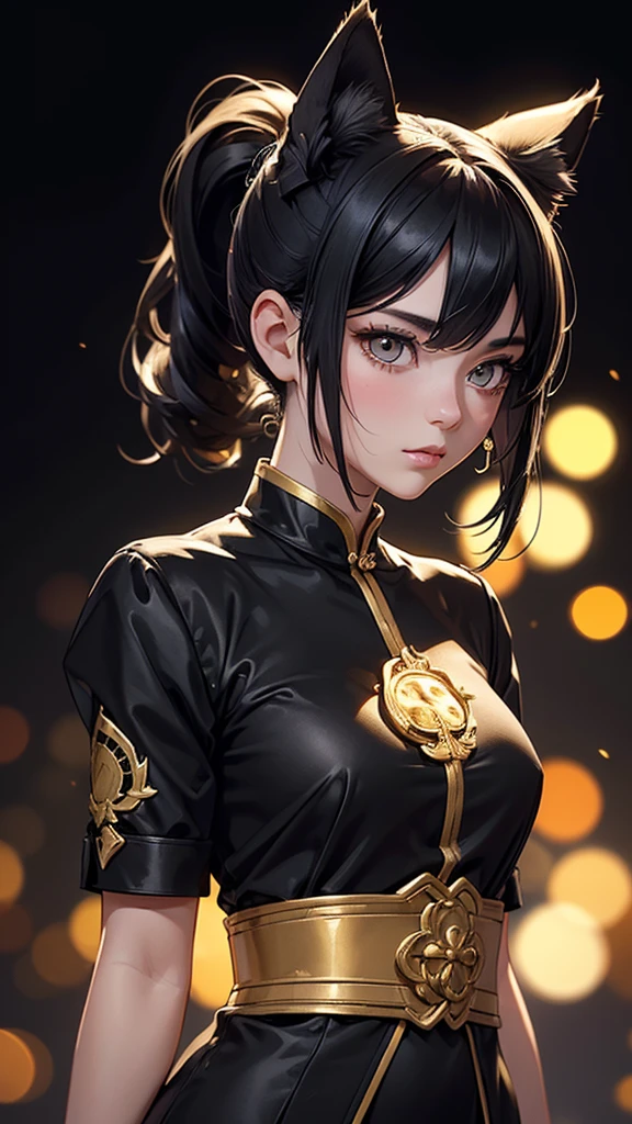 (high resolution, upper body, soft skin:1.2),(best illustration,masterpiece:1.2),ultra-detailed,[(cat ears , black inside:1.2, black ponytail hair, gold cat eyes),vivid colors,sharp focus,studio lighting,bokeh, wearing a gold qupao, full body portrait