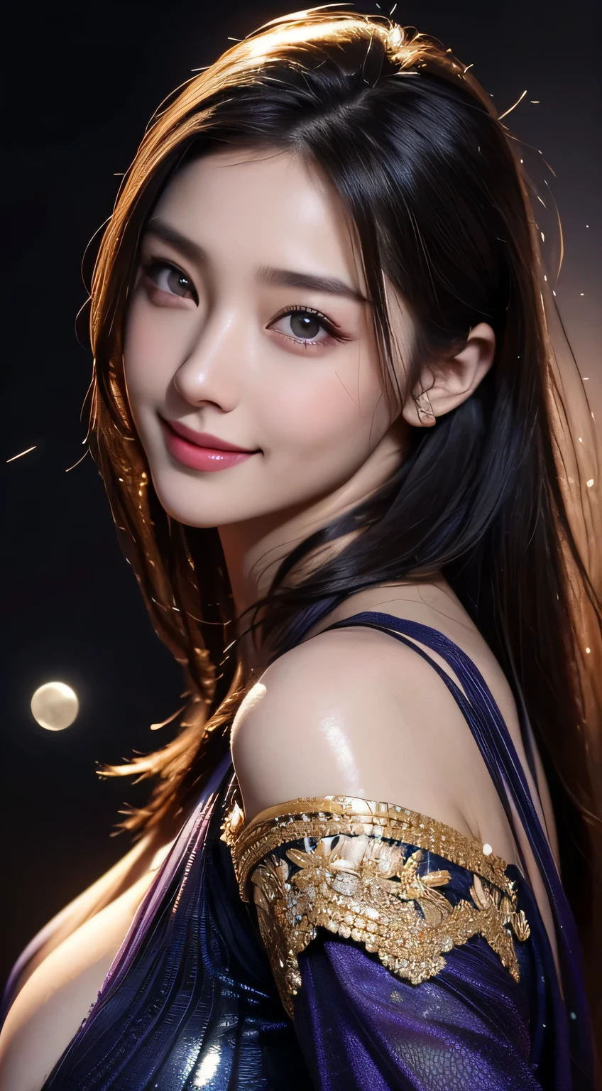 (logo、masterpiece、8k、Tabletop、RAW Photos、wonderful、最high quality、フォトリアルでVery detailedなCG合成8k壁紙、high quality、Very detailed、Narrative poem、Particle Effects、Dynamic Effects、Depth of the Boundary)What is written is、Cinematic Light、Lens flare、Ray Tracing）、Fantasy、（Purple Dress）、（night、night空、Starry Sky、full moon）、（Girl looking up at the sky）、sit、cute、Japanese style、 (smile)、Long Hair、Strong winds、(Hair blowing in the wind)、Natural light、moonlight、(Horizontal photography)、(chest emphasis)、(Low position)、(Low - Angle)