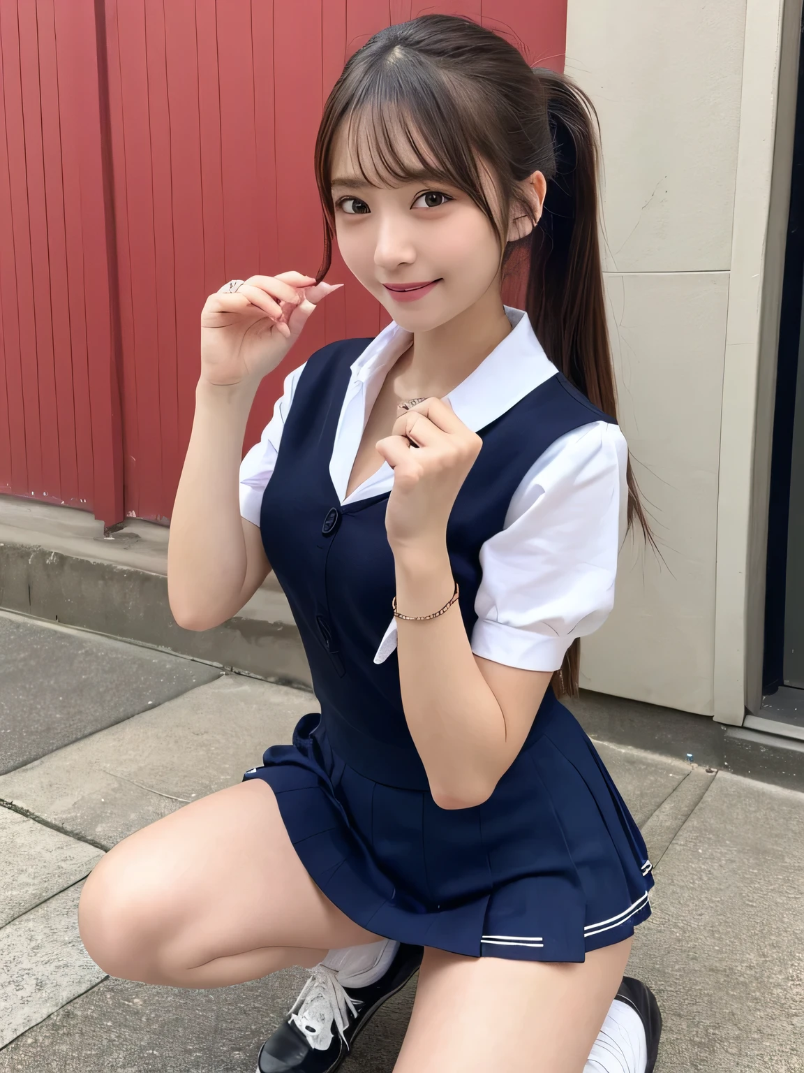 In detail,Full body photo、 High resolution, high quality、Slim body、Perfect dynamic composition, Beautiful fine details, Blonde、ponytail、Natural color lip,Kamimei、17-year-old girl、1 person、Clear Skin、Sailor suit、Red mini skirt、Thighs、Shiny Hair、最high quality, figure, Very detailed, In detail, High resolution, 8k、The correct state of the human body、Pink wall,Thighs are visible、smile、squat