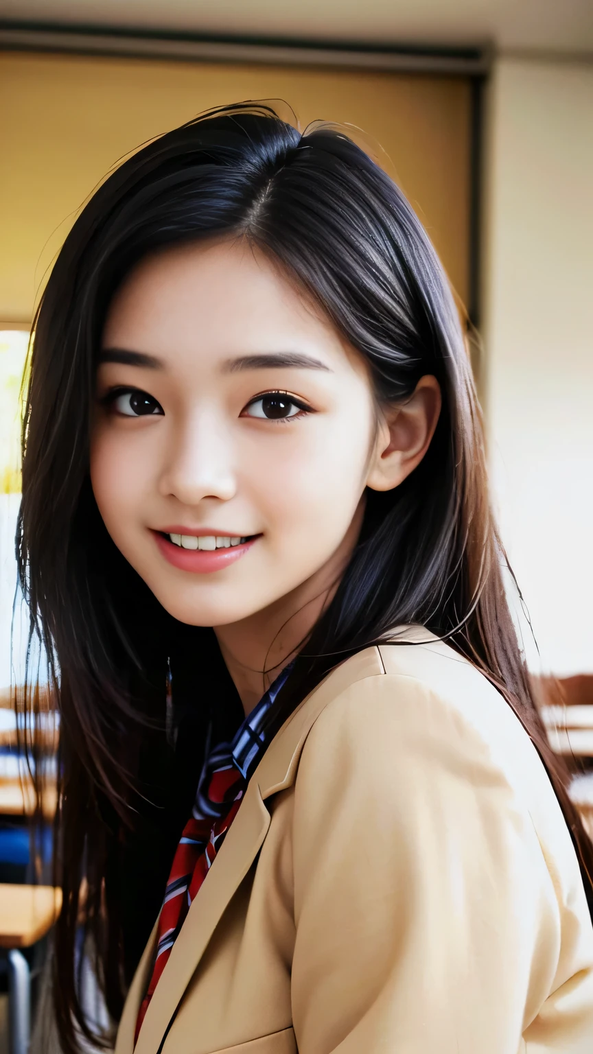 (masterpiece:1.3), (8K, Realistic, Raw photo, highest quality: 1.4), (1 Girl), Beautiful Face, (Realistic Face), (Black Hair,Long Hair), Beautiful Hairstyles, Brown Eyes,Realistic eyes, Detailed and beautiful eyes, (Realistic Skin), Beautiful Skin, (High School Uniform), Disorganized, Charm, Ultra-high resolution, Surreal, Very detailed, Golden Ratio,smile,School classroom