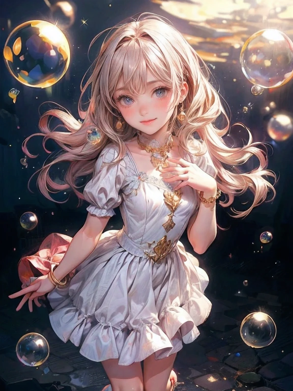 masterpiece:1.2, highest quality, 16k, highres, ultra-realistic:1.37, beautiful detailed:1.2, beautiful woman, standing, beautiful posing, bubble, heart shape bubbles:1.5, Countless bubbles (heart shape:1.2, vibrant colors), bubbles of various sizes, bubbles:1.2, too many bubbles:1.2, happily smile, beautiful delicate(hair, face, long eyelash, eyes, pupils, lips, knee, anklet, bubbles), sparkling eyes, shining rosy lips, blushed cheek, through bangs,