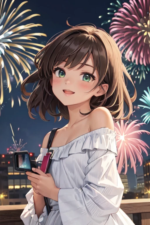 masterpiece, best quality, ultra detailed, highres, extremely detailed CG unity 8k wallpaper, perfect lighting,  very detailed background, beautiful and aesthetic,sharp focus, perfect face, dynamic pose, dynamic angle,
1girl, upper body, (portrait:1.1), looking at viewer,  full-face blush, from side, from below, smile,Open your mouth、Pink Lips、
night, Megacity、building、
(Shoulder Bare:1.2)、(Off the shoulder:1.4)、(Holding a handheld firework:1.2)、(flat chest:1.3)、
licht brown hair、Green Eyes