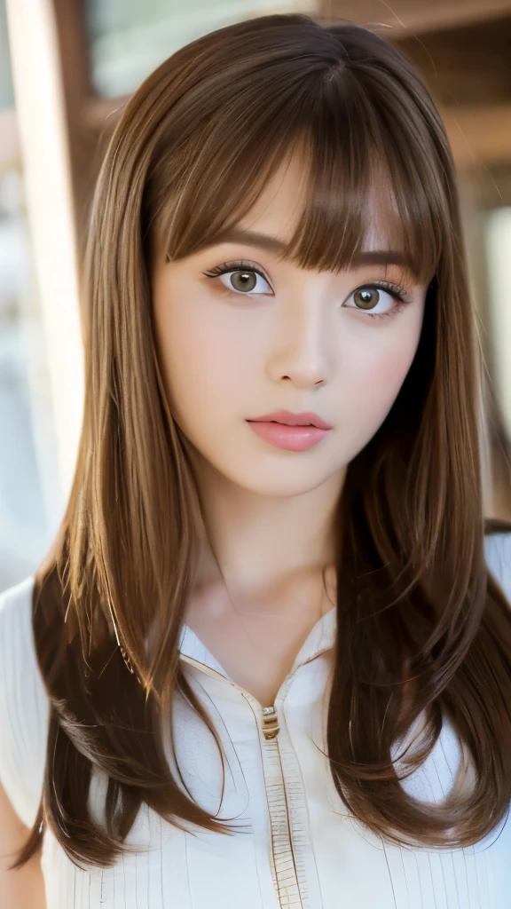 Best quality, 8k, ,Masterpiece :1.3)), facing viewer,((full body1.2)) ,pretty woman, wide shot ,1girl, , selfie , , Ranch, brown hair , bangs,ultra-detailed face, highly detailed lips, detailed eyes, double eyelid
