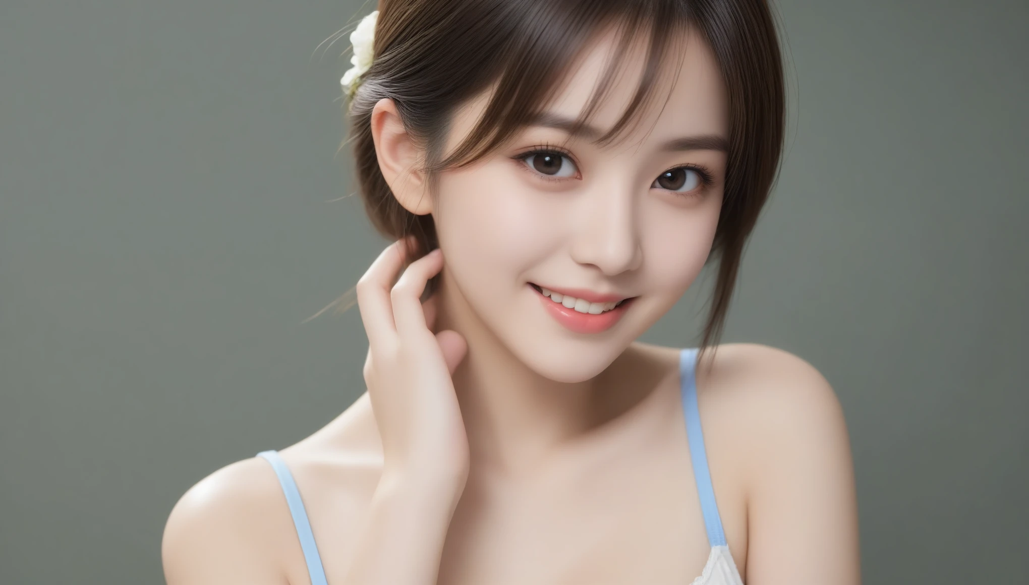 8K, 超High resolution, highest quality, masterpiece, Surreal, photograph, 1 girl, (16 years old:1.3), pretty girl, Cute face, Beautiful eyes in every detail, Japan Female Announcer、intellectual,Tabletop, highest quality, 非常にdetailedな, 細かくdetailedに, High resolution, In 8K, ((Photorealistic:1.4, 生photograph, 超A high resolution,Best image quality: 1.4)), wallpaper, ((Perfect body composition 1.5)), Beautiful fine details, Natural color lip, ((穏やかなsmile:1.5)), ((Random cute hairstyles)), ((Leaning forward:1.5)), ((Quite large breasts:1.0)), ((from the front:1.5)), ((Random summer blurry background)), ((Random and cute expressions)),, ((1:1.5)) 非常にdetailedでプロフェッショナルな照明、 Perfect dynamic composition, Beautiful fine details, ((Women's fashion)),((smile,Harajuku)),((sexy shot looking at camera))、Sexy pose、See through 、Look at the audience、beauty,Long neck、Smile a little、Please close your mouth and laugh、(((Ideal body proportions))),A cup small breasts :2,Portraiture:2、Perfect Anatomy、Vivid details、detailed、Surreal、Light and shadow,Strong light,Fashion magazine cover,Thin lips