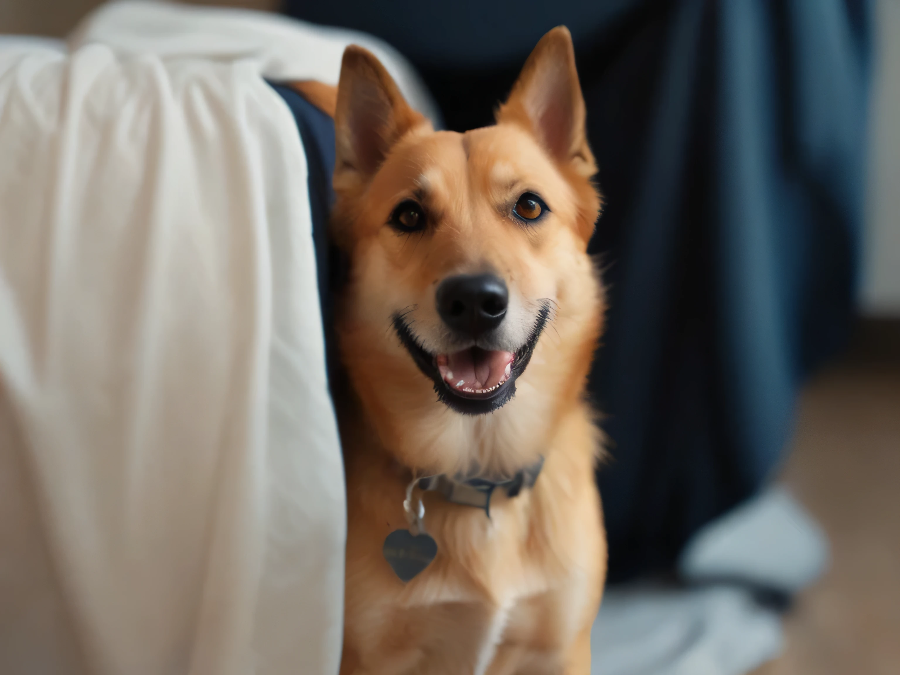 There was a dog sitting on the sofa,Covered with a blanket, Happy Dog, Smiling happily at the camera, Smiling sweetly, Shy Smile, Laughing, Shy Smilely, A mischievous smile, A warm and gentle smile, cute dog, Smiling at the camera, Smile, Charming smile, Grinning, shiba inu portrait, Cute corgi