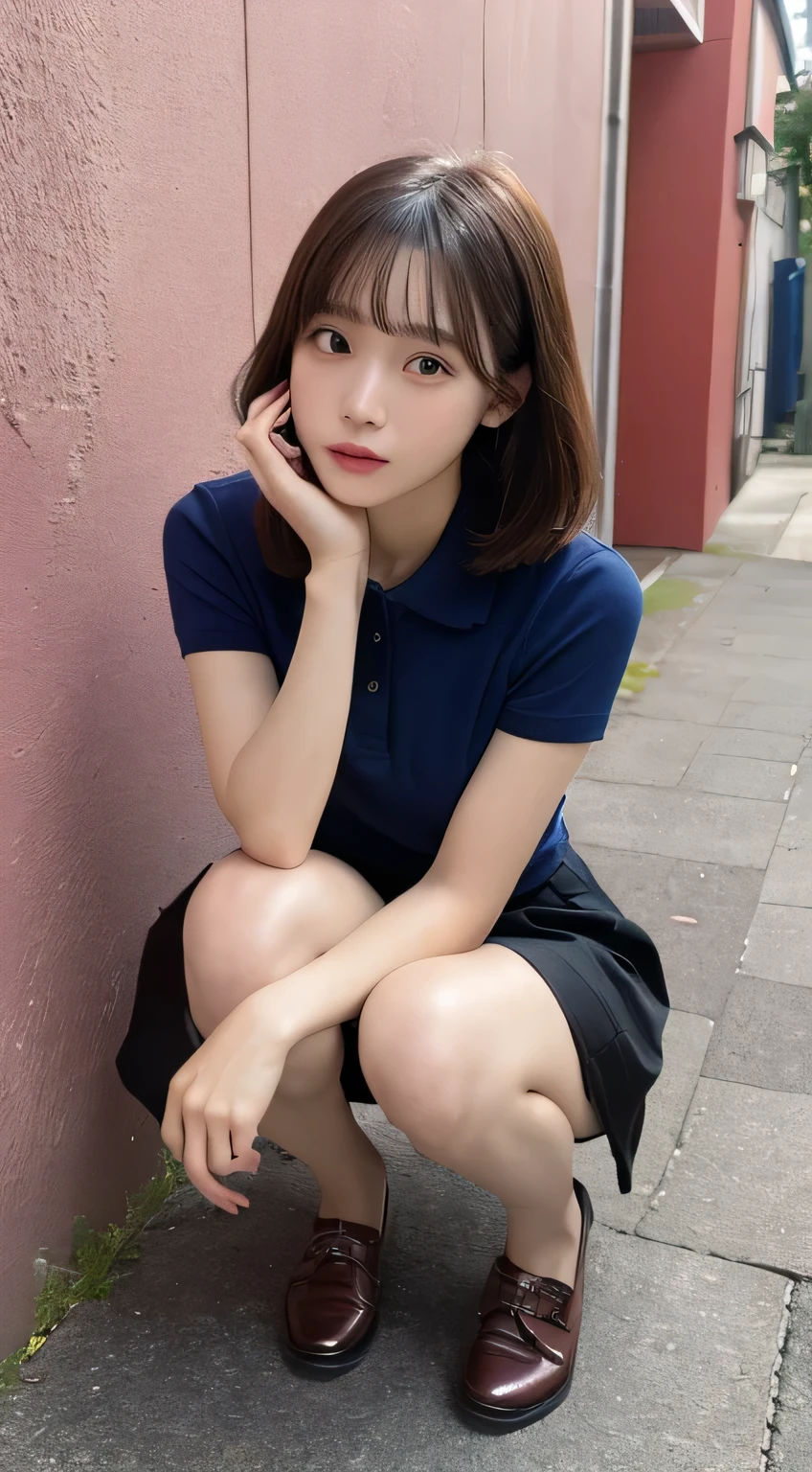 In detail,Full body photo、 High resolution, high quality、Perfect dynamic composition, Beautiful fine details, Medium Hair, 、Natural color lip,Kamimei、18-year-old girl、1 person、Clear Skin、Navy blue polo shirt、Red mini skirt、Thighs、Shiny Hair、最high quality, figure, Very detailed, In detail, High resolution, 8k、The correct state of the human body、squat、Sculpture model pose，Pink wall