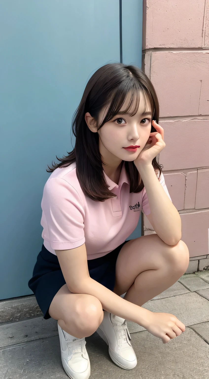 In detail,Full body photo、 High resolution, high quality、Perfect dynamic composition, Beautiful fine details, Twin tails、Natural color lip,Kamimei、-yeld gi1 person、Clear Skin、Navy blue polo shirt、Red mini skirt、Thighs、Shiny Hair、最high quality, figure, Very detailed, In detail, High resolution, 8k、The correct state of the human body、squat、Sculpture model pose,Pink wall