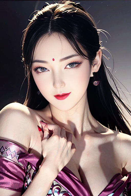 Narrow eyes, 1 girl, all white, expressionless, bob, bob, forehead, relief, black hair, bob, solo, cowgirl, (( )), narrow slit eyes, black eyes, sparkling light eyes, black hair, Gloves, dress, luxurious jewelry, earrings, sharp eyes, elbow grooves, hands raised and hair tied back, random color short cropped off-shoulder top, random color dress, long eye makeup, narrow eyes, smile, lipstick, complex petals Pattern, rim light, backlight, pastel color, studio lighting
