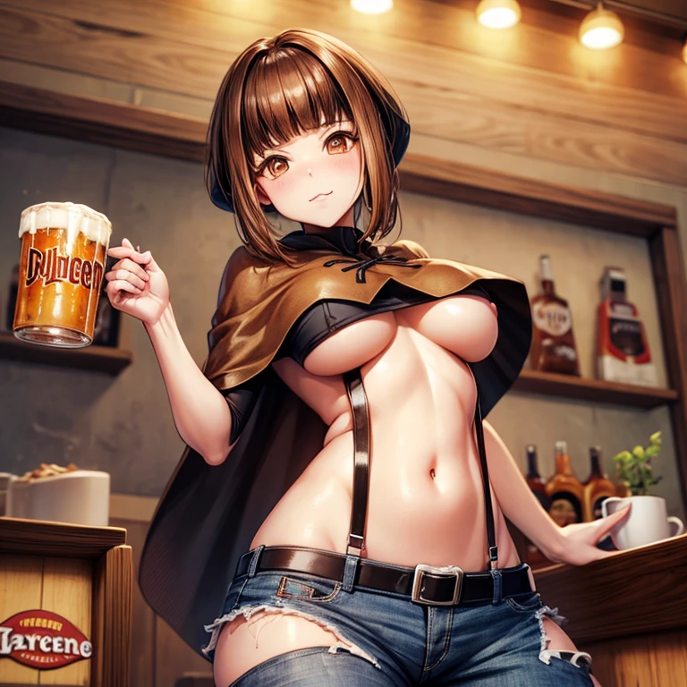 Eating wieners in a German bar、Brown-haired girl wearing a cape drinking beer from a mug Wearing sneakers High leg shorts with suspenders Large Breasts Showing her belly button Ultra low rise Knee-high socks I can see your pants Belt on chest