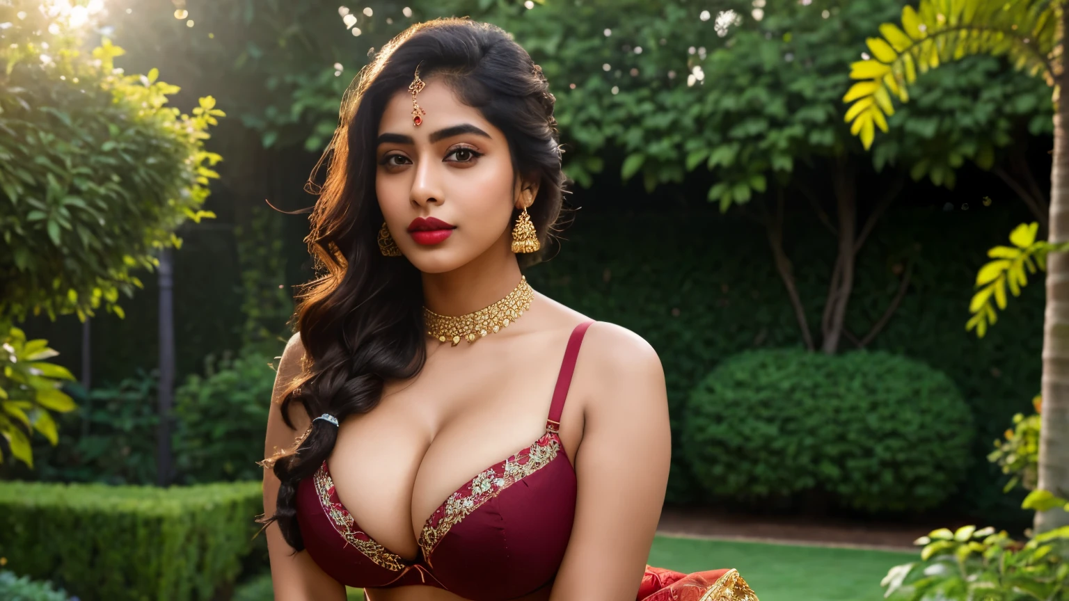 Indian female model janvi kapoor, look at viewer, French braid hair , big breasts with bra, cleavage, garden landscape design, (rim light), dark red lips, big natural lips