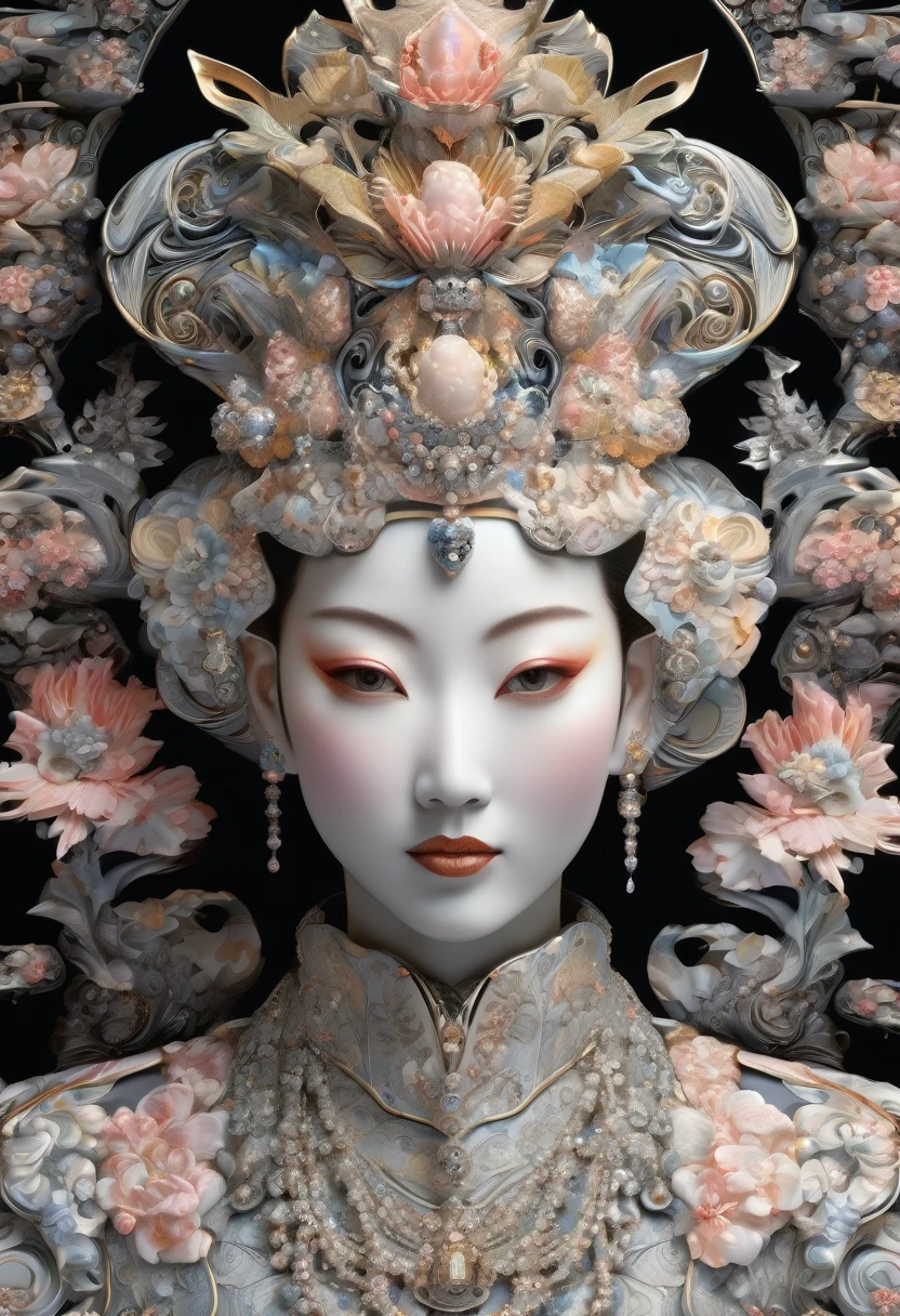 Empress of Japan, full body image, soft colors on black background, abstraction, sculpted, shading, porcelain skin, bold, multidimensional, deep fractal, rococo engraved shapes, skin, silver, intensity. 
