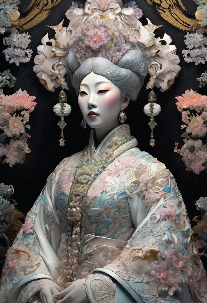 Empress of Japan, full body image, soft colors on black background, abstraction, sculpted, shading, porcelain skin, bold, multidimensional, deep fractal, rococo engraved shapes, skin, silver, intensity.