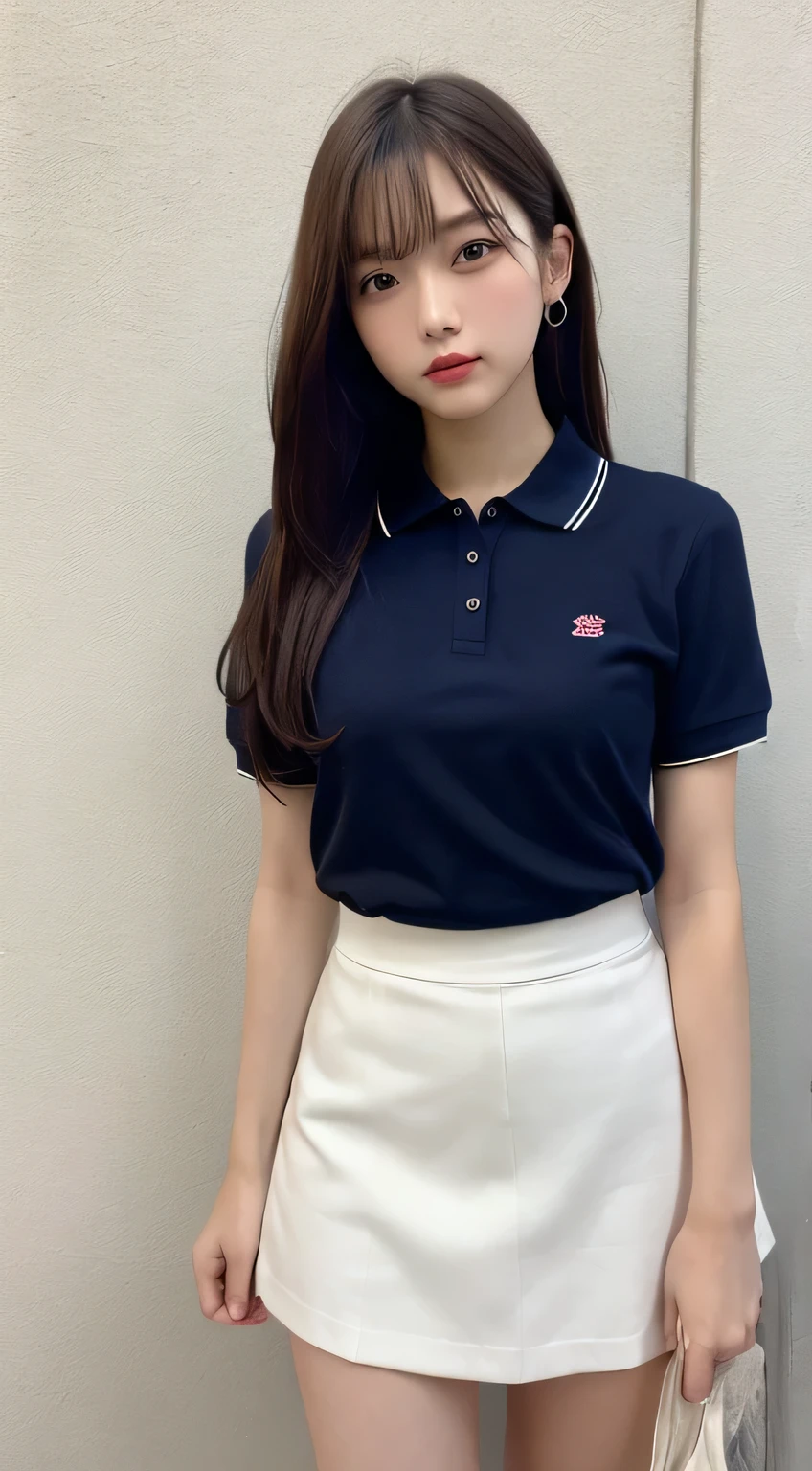 In detail,Full body photo、 High resolution, high quality、Perfect dynamic composition, Beautiful fine details, Medium Hair, 、Natural color lip,Kamimei、16-year-old girl、1 person、Clear Skin、Navy blue polo shirt、Red mini skirt、Thighs、Shiny Hair、最high quality, figure, Very detailed, In detail, High resolution, 8k、The correct state of the human body、Sculpture model pose,Pink wall