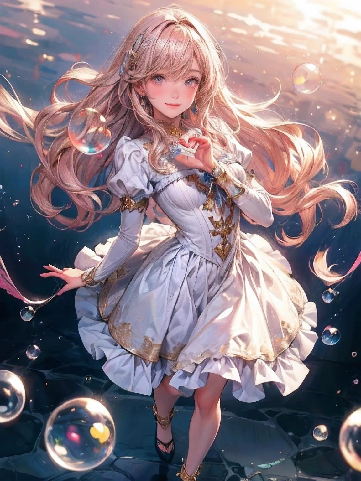 masterpiece:1.2, highest quality, 16k, highres, ultra-realistic:1.37, beautiful detailed:1.2, beautiful woman, standing, beautiful posing, bubble, heart shape bubbles:1.5, Countless bubbles (heart shape:1.2, vibrant colors), bubbles of various sizes, bubbles:1.2, too many bubbles:1.2, happily smile, beautiful delicate(hair, face, long eyelash, eyes, pupils, lips, knee, anklet, bubbles), sparkling eyes, shining rosy lips, blushed cheek, through bangs,