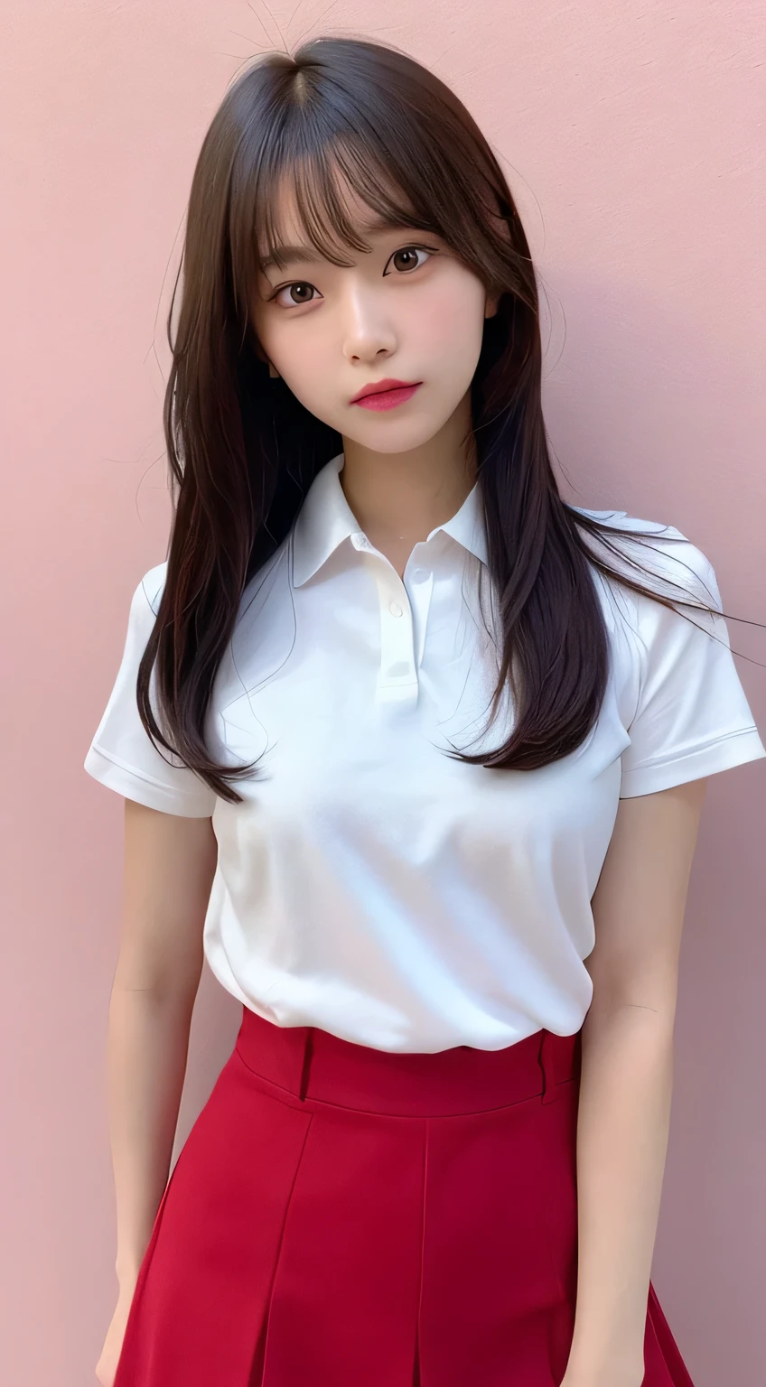 In detail,Full body photo、 High resolution, high quality、Perfect dynamic composition, Beautiful fine details, Medium Hair, 、Natural color lip,Kamimei、16-year-old girl、1 person、Clear Skin、Navy blue polo shirt、Red mini skirt、Thighs、Shiny Hair、最high quality, figure, Very detailed, In detail, High resolution, 8k、The correct state of the human body、Sculpture model pose,Pink wall
