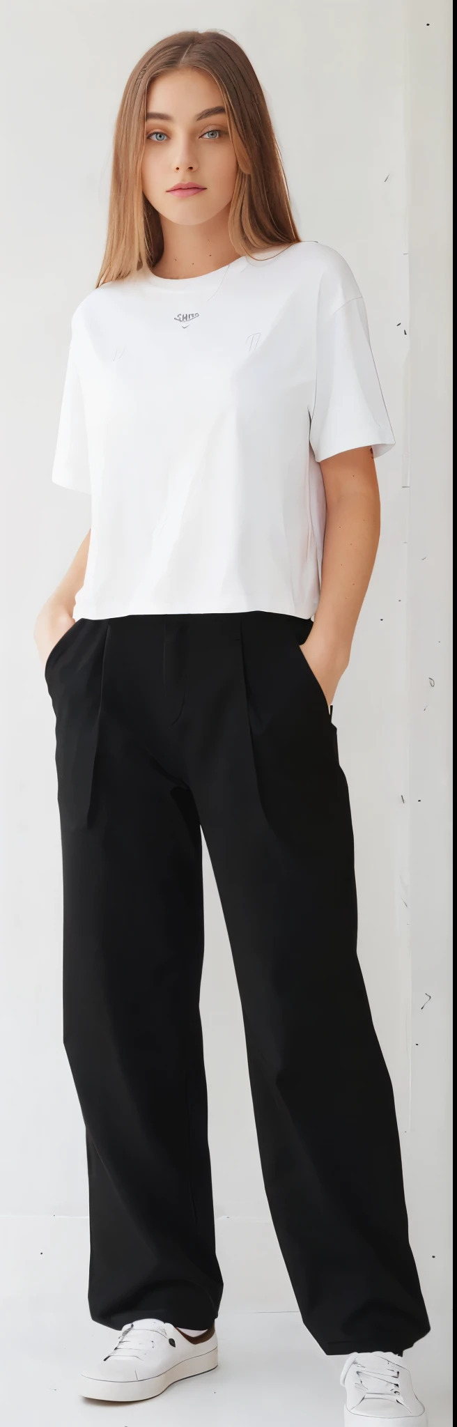 a woman in a white shirt and black pants posing for a picture, black pants, black pants, matte black pants, Loose pants, baggy black pants, big pants, black suit pants, com dois bolsos frontais, wearing pants and t-shirt, manga larga cropped, Swollen short pants, perto de um magro, imagem detalhada do produto, with hands in pockets