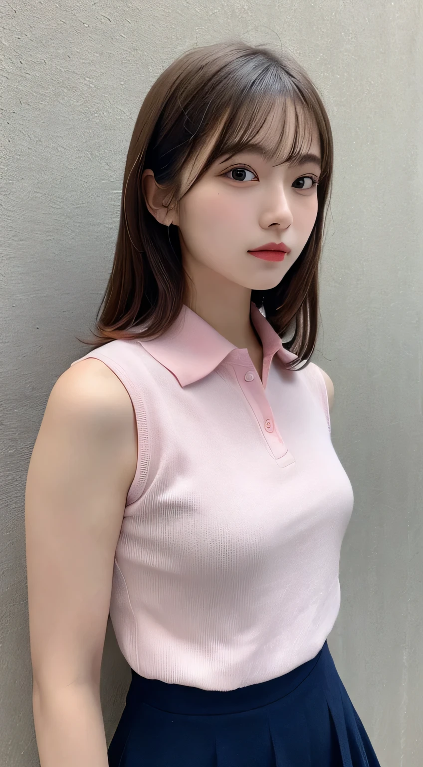 (very large round breasts, Perfect anatomy:1.4), (Short hair, Wavy hair, full bodyesbian:1.1), (Sleeveless collared shirt dress:1.4), Whole body, RAW photo, Extremely delicate and beautiful, Masterpiece, Best quality, 超高分辨率, 16k, Hyperrealistic, Ultra-detailed, Very detailed CG 8k wallpaper, Beautiful lighting, Perfect lightning, Realistic shadows, Ultra-delicate and radiant skin, Perfect figure, Japanese woman, in her 20s, Slim body, Slim abdomen, Very small head, handsome detailed woman, Very detailed eyes and face, Realistic face proportions, Stunning detailed eyes, Realistic beautiful face, Very small face, Realistic little beautiful eyes, Double eyelids, Makeup, tearful mole, a mole on chest, earring, Bare legs, Beautiful and very thin legs, Beautiful and very thin thighs, Narrow waist, (cleavage, soft midriff, fine collar bone, cropped shoulders:0),