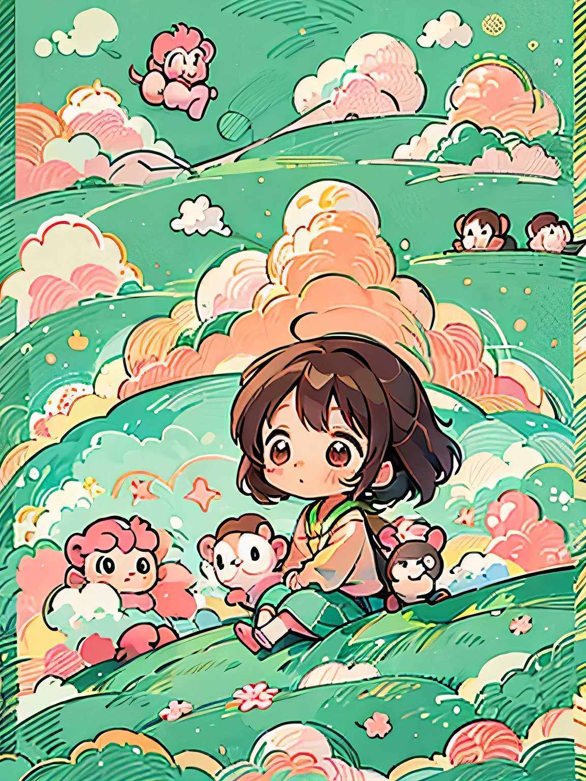 Momoko Sakura style, Kawaii Design, Chibi, (((on the Clouds))), monkeys, monkey Forest