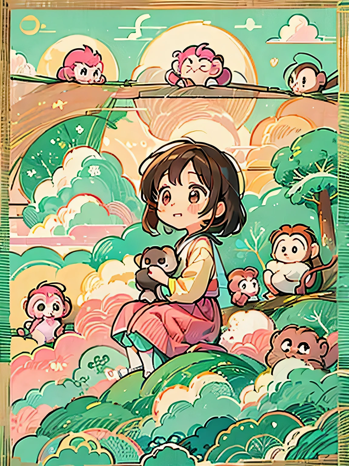 Momoko Sakura style, Kawaii Design, Chibi, (((on the Clouds))), monkeys, monkey Forest