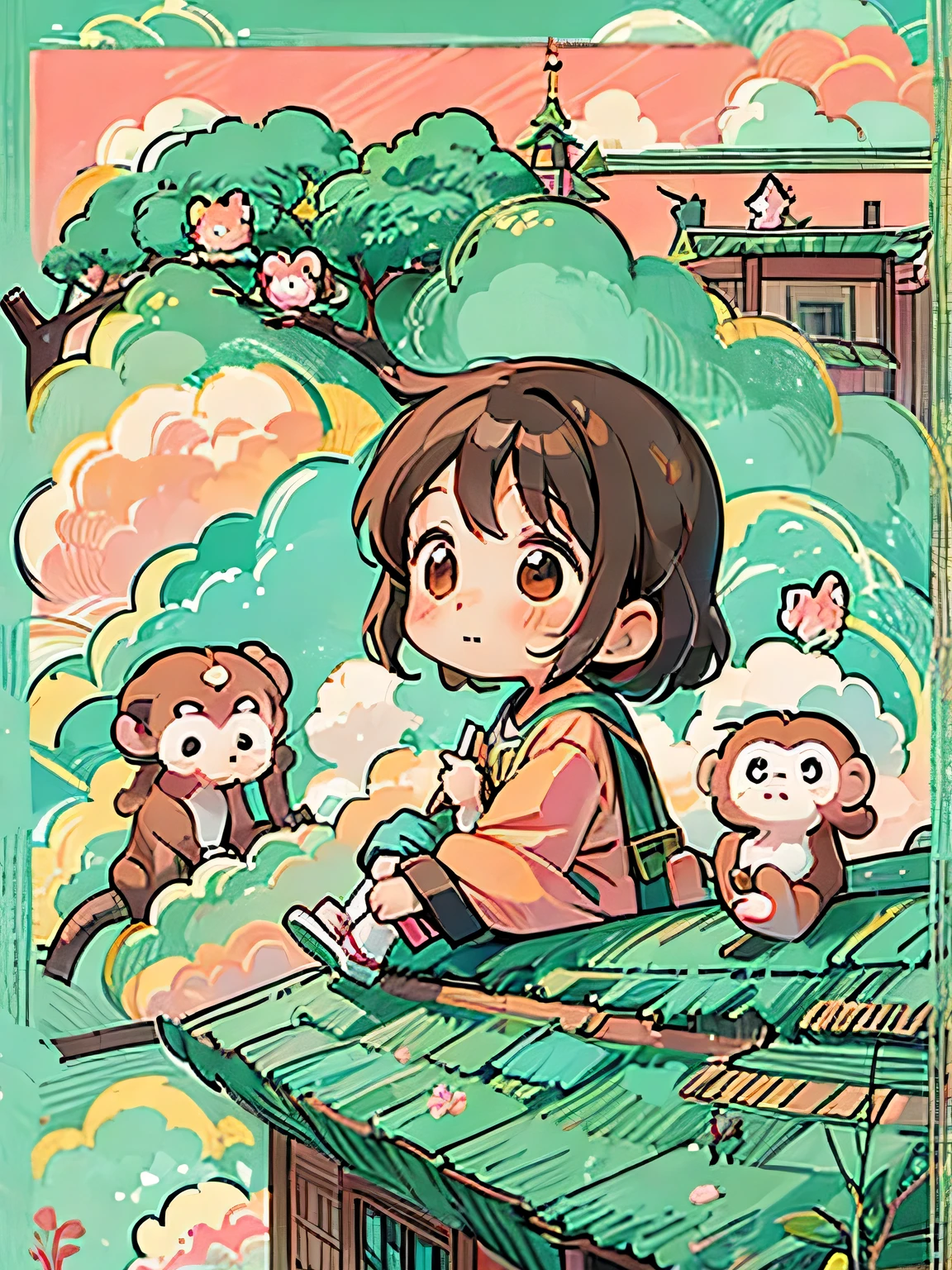 Momoko Sakura style, Kawaii Design, Chibi, (((on the Clouds))), monkeys, monkey Forest
