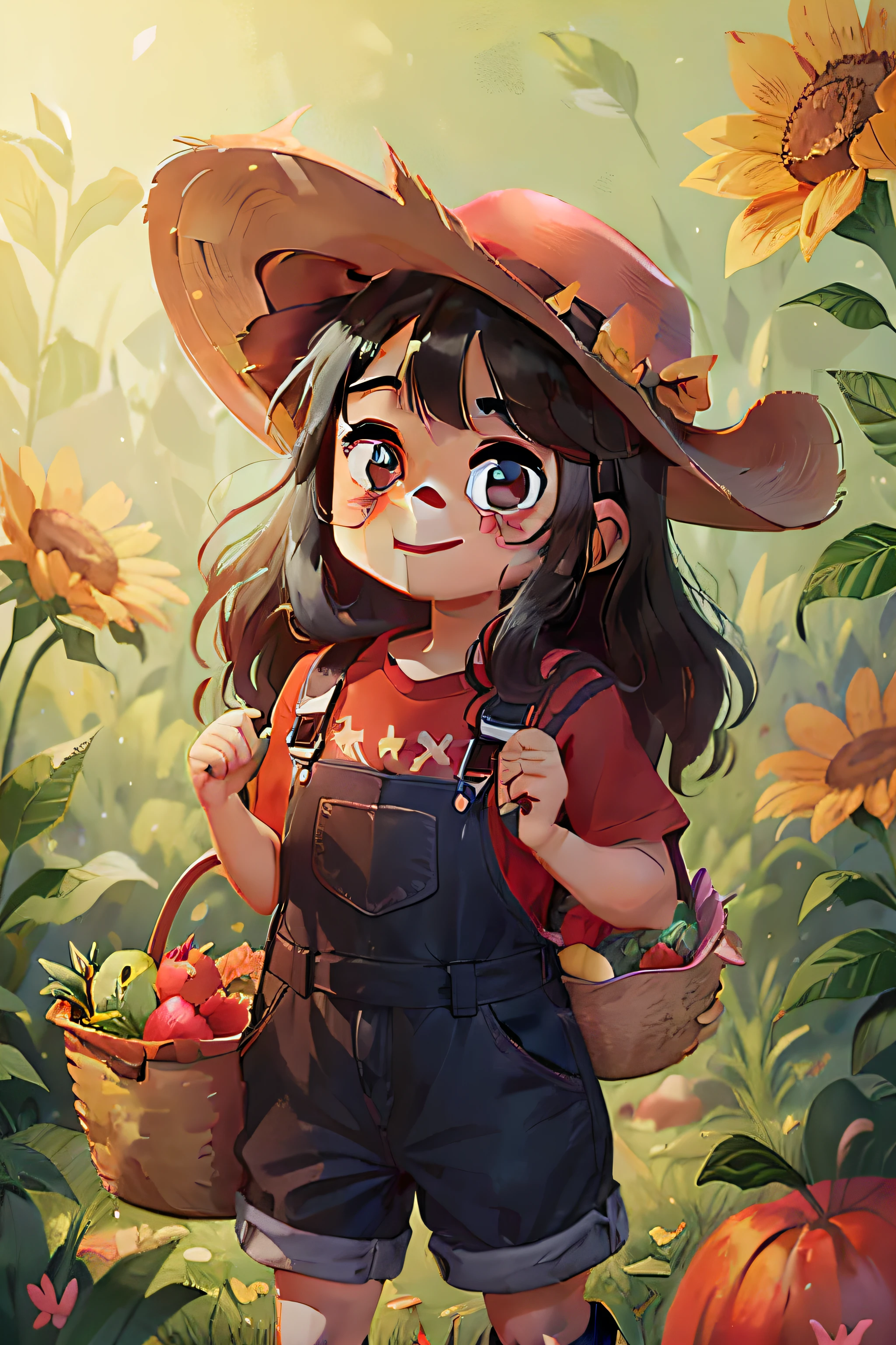 , 6 , with long black hair, vibrant brown eyes, wearing overalls, Cowboy Boots, Cowboy hat and red t-shirt, holding a basket of fruits and vegetables, Smiling