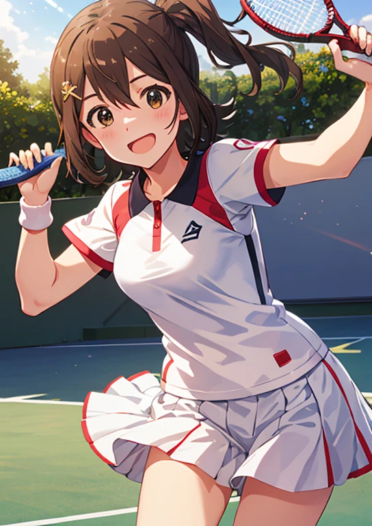 Mirai Kasuga, (highest quality, 8k, masterpiece, Very detailed:1.2), (Lens flare, Particles of light, Shine), Big Breasts, smile, Open your mouth, masterpiece, highest quality, Very detailed, High resolution, Very detailedなCG, (Official Art), Tennis Wear,  (Embarrassing:1.1), (blush:1.2), Open your mouth, (shout:1.1), (Moving lines:1.1),  blue sky, Tennis court,Cowboy Shot