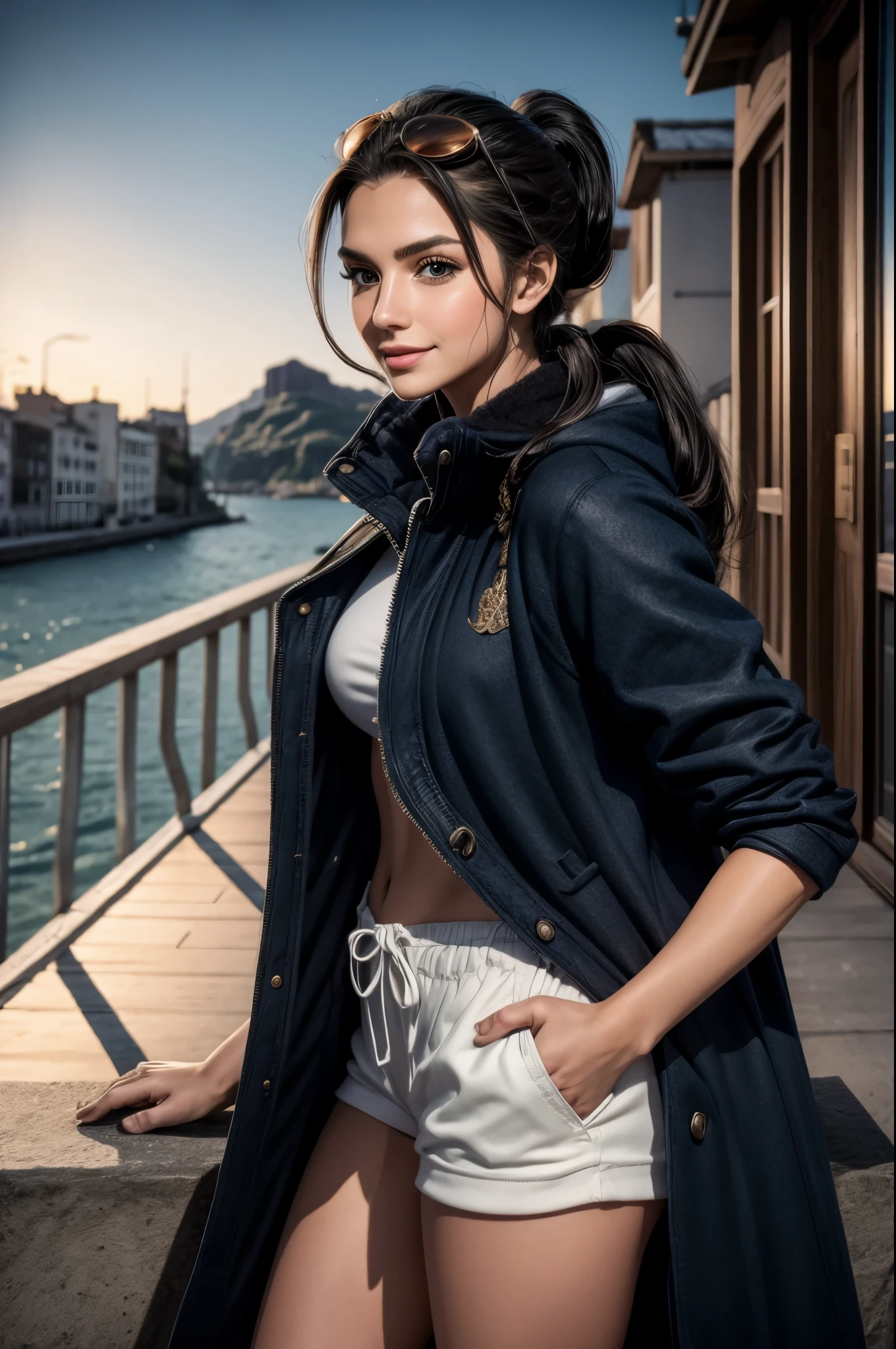 masterpiece, best quality, extremely detailed, hyperrealistic:1.1, photorealistic, a beautiful 20s russian model, ultra detailed face:1.1, high ponytail, black hair, navy duffle coat, sunglasses on head:1.1, terrace, in the night:1.1, smiling, own hands together