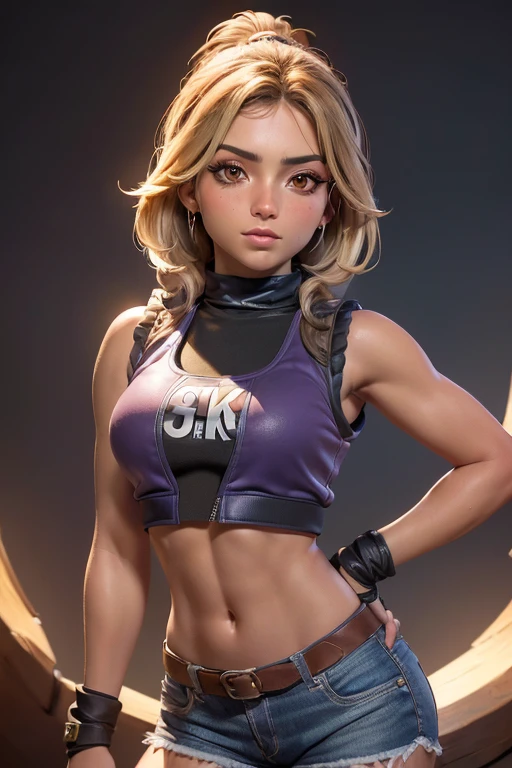 ((mejor calidad, 8k, Obra maestra :1.3)), 1 chica, Beautiful woman emphasizing slim abdominal muscles :1.3, (peinado al azar :1.2), oversized vest :1.2, Super detailed faces, ojos delicados, double eyelids, axila,tiro de cuerpo completo,ropa deportiva morada
