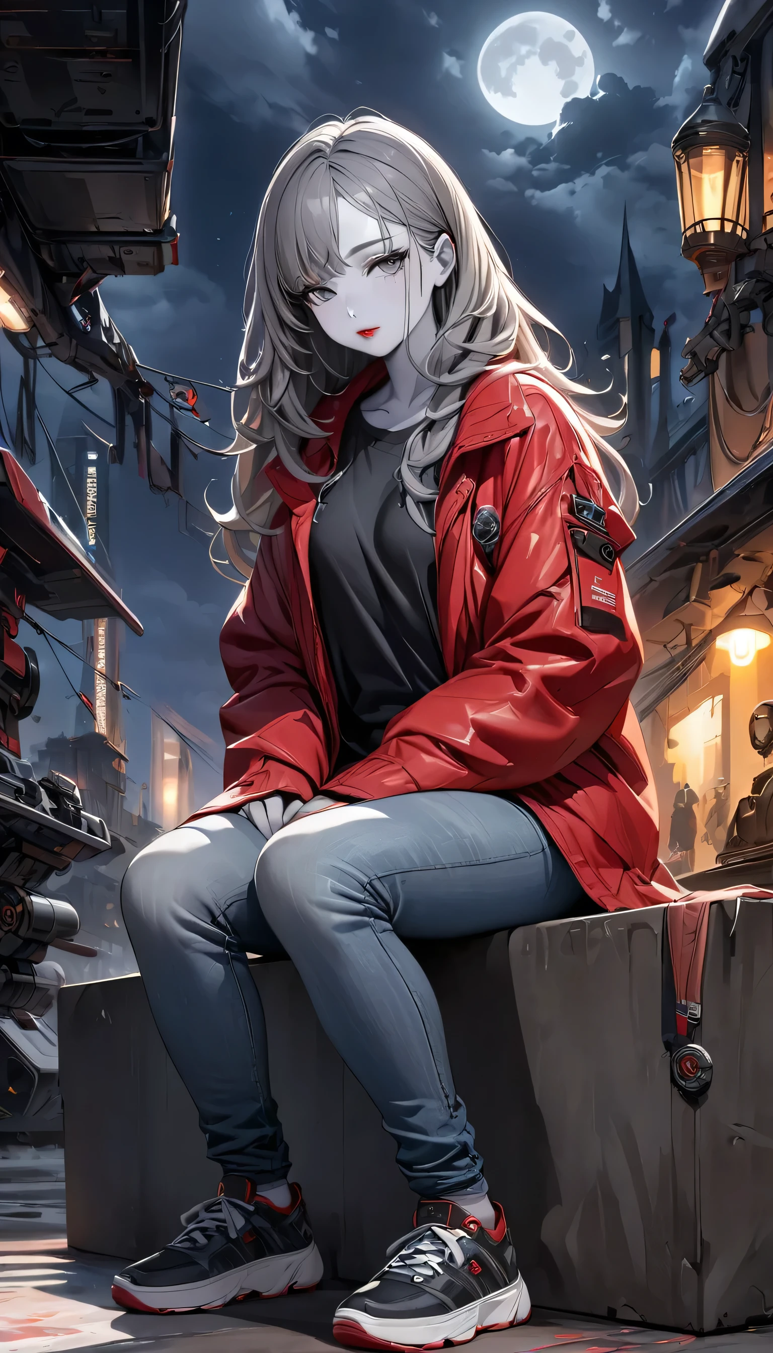 (Sci-fi fantasy), (masterpiece), (Professional Oil Painting) (highest quality), (8k resolution), (1 beautiful girl), ((Pale grey skin)), (Iron grey skin), ((Jeans Clothes)),(Red jacket)), ((Black t-shirt underneath), ((Red lipstick)), ((Black sneakers)), (Concept Art), Small box, (Long Hair), (Messy Hair), (Gray Hair), (Iron-gray hair), ((With futuristic weapons)), (ammunition), ((Moonlight at night)), (Sit down and think))
