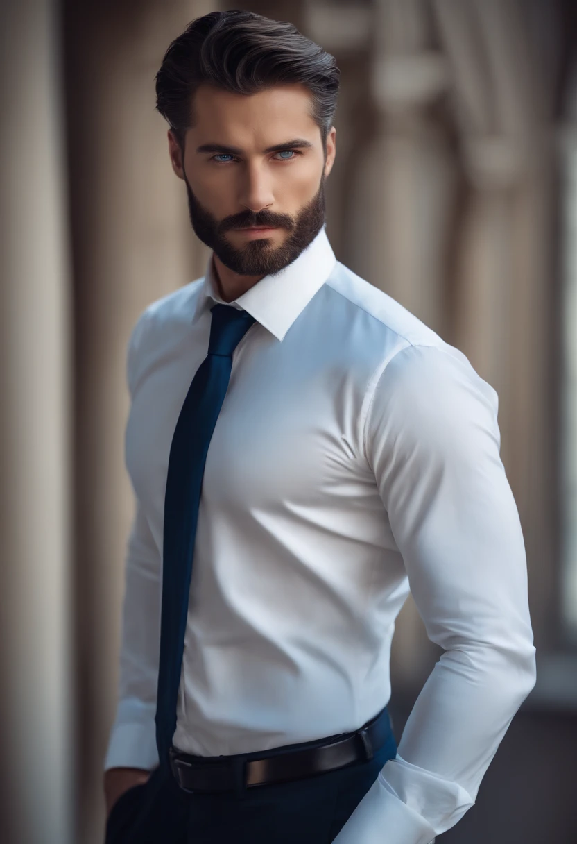 (Stylishly dressed professional man), (Beardless,) (blue eyes) (Portraiture) Handsome and serious appearance, Dark blue hair, Elegant and refined, Strong body and very formal white shirt, (Realistic and high quality images), ((highest quality, 8k, masterpiece).