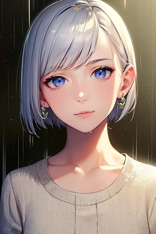 cute, masterpiece, highest quality, One girl, alone,Look down,Silver Hair, Small earrings Short hair, casual,outside,rain,Artistic,An illustration,Pants Style,Line art,View your viewers,rainに濡れる,Face close-up