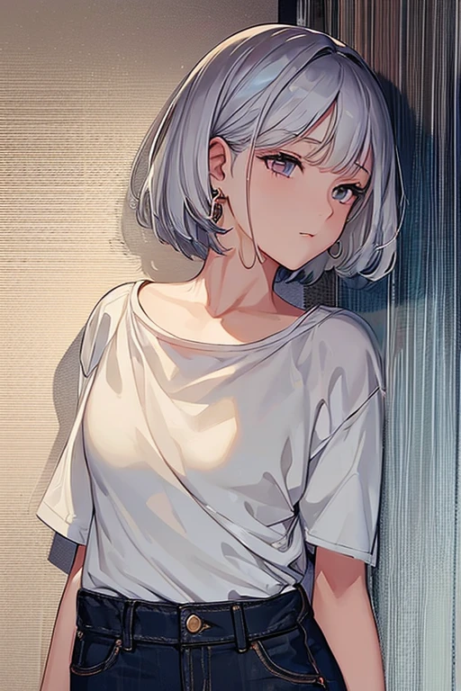 cute, masterpiece, highest quality, One girl, alone,Look down,Silver Hair, Small earrings Short hair, casual,outside,rain,Artistic,An illustration,Pants Style,Line art,View your viewers,rainに濡れる,Face close-up