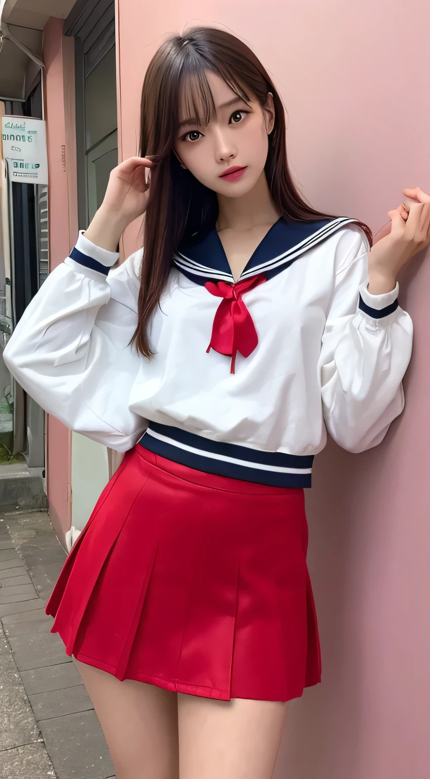 In detail,Full body photo、 High resolution, high quality、Perfect dynamic composition, Beautiful fine details, Medium Hair, 、Natural color lip,Kamimei、、1 person、Clear Skin、Sailor suit、Red mini skirt、Thighs、Shiny Hair、最high quality, figure, Very detailed, In detail, High resolution, 8k、The correct state of the human body、Sculpture model pose,Pink wall