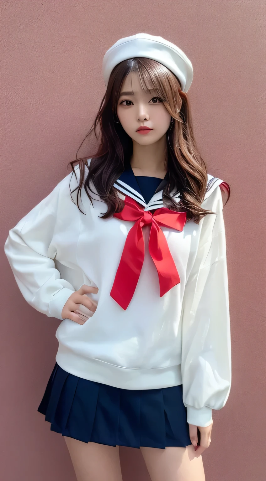 In detail,Full body photo、 High resolution, high quality、Perfect dynamic composition, Beautiful fine details, Medium Hair, 、Natural color lip,Kamimei、16-year-old girl、1 person、Clear Skin、Sailor suit、Red mini skirt、Thighs、Shiny Hair、最high quality, figure, Very detailed, In detail, High resolution, 8k、The correct state of the human body、Sculpture model pose,Pink wall
