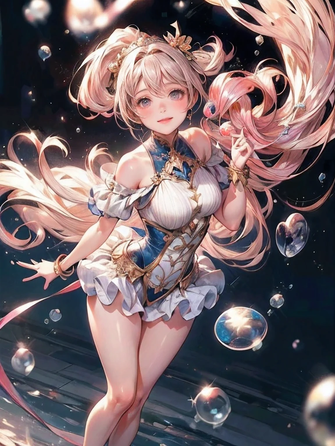 masterpiece:1.2, highest quality, 16k, highres, ultra-realistic:1.37, beautiful detailed:1.2, beautiful woman, standing, beautiful posing, bubble, heart shape bubbles:1.5, Countless bubbles (heart shape:1.2, vibrant colors), bubbles of various sizes, bubbles:1.2, too many bubbles:1.2, happily smile, beautiful delicate(hair, face, long eyelash, eyes, pupils, lips, knee, anklet, bubbles), sparkling eyes, shining rosy lips, blushed cheek, through bangs,