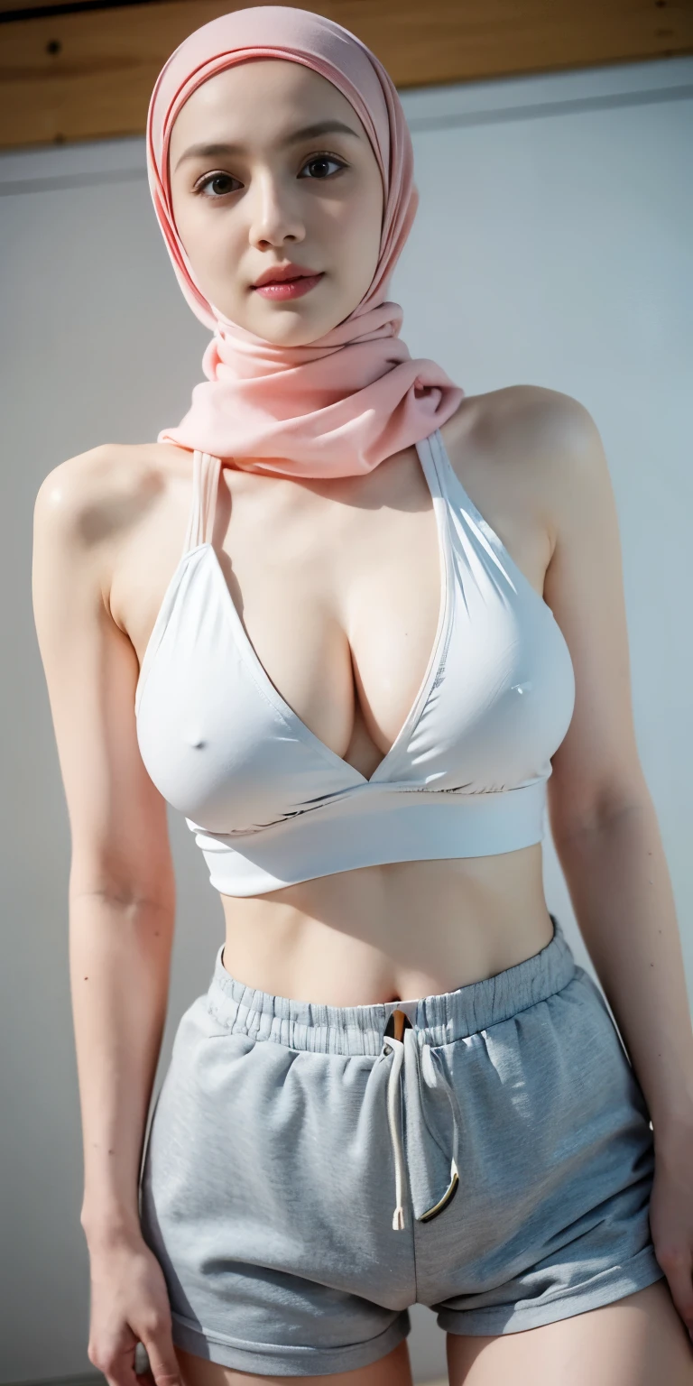 1 young woman, Wearing peach hijab, cover her whole hair, Wearing running shorts and grey singlet, slim waist, standing at school gym, make-up, pale skinned, hijab, sweating heavily, wet shiny skin, big breasts, (huge breast 1.6), close shot (4K quality), DSLR quality, butt facing camera