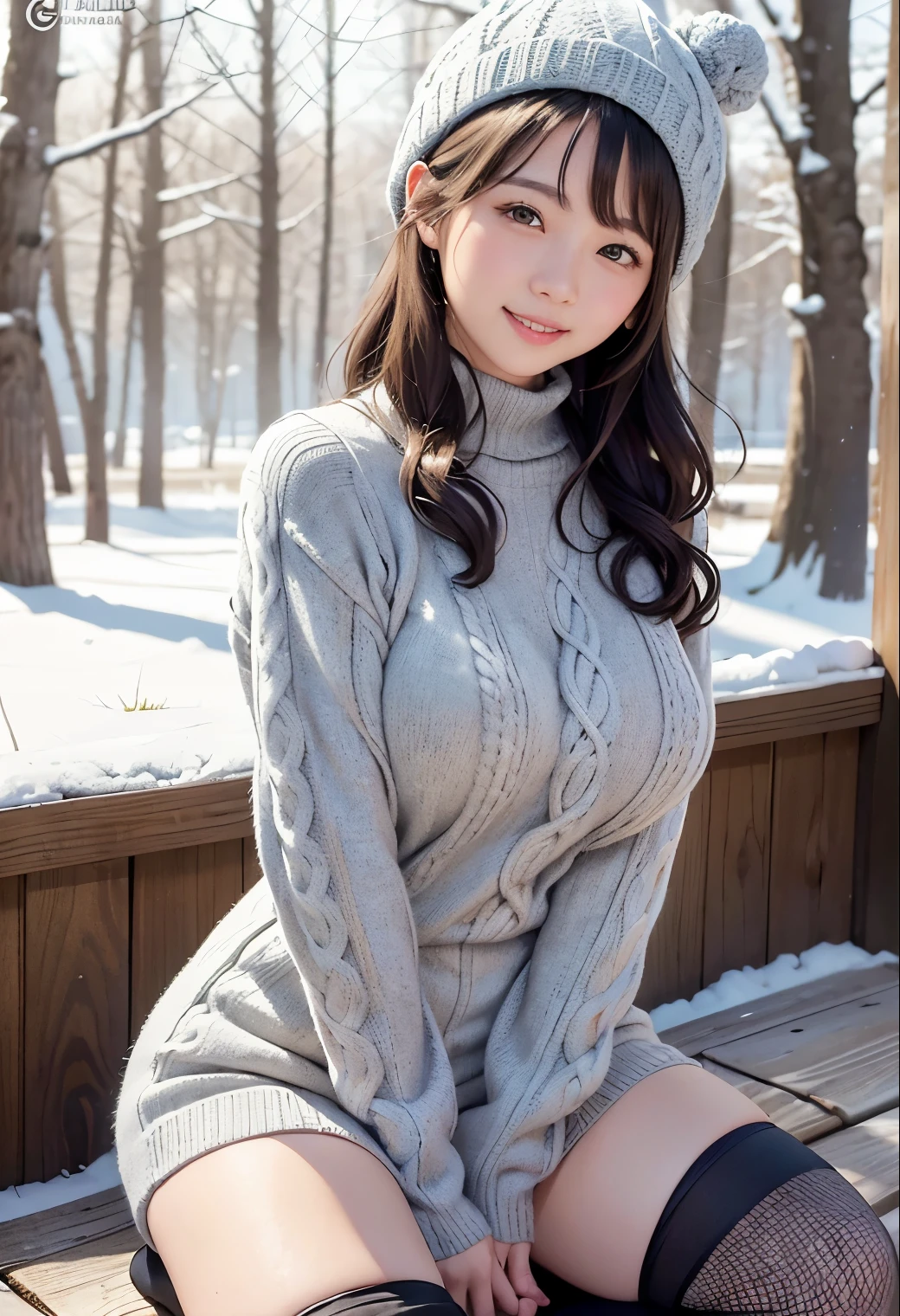 (highest quality,masterpiece:1.3,Ultra-high resolution),(Very detailed、Caustics) (Realistic:1.4, RAW shooting、)Ultra-Realistic Capture、Very detailed、Natural skin texture、masterpiece、(One Japanese girl wearing a gray long cable knit sweater and black stockings:1.3)、Adorable expression、Expressions of Happiness、、Young Face、Agly cute、Grey knitted hat、Curly Hair、Black Hair、light makeup、Busty and bursting、Shining thighs、Shooting in the winter forest、Snow Scene、smile、An inviting gaze、Cowboy Shot、Anatomically correct、Attention to detail、