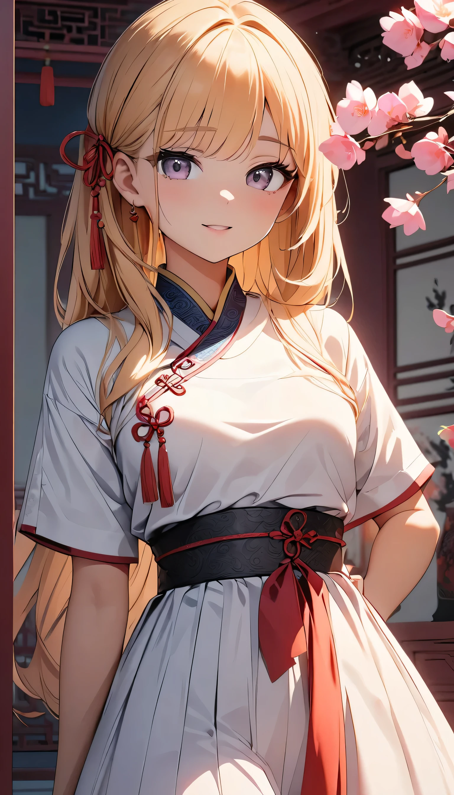 There is a cartoon girl in a dress, China dress, hanbok apron, Chinese Costume, Chinese traditional clothing, Close-up - view, hanbok, wearing ancient Chinese Costume, with ancient Chinese Costume, palace, Girl in Hanfu, White Hanfu, China dress, Kitten with pink flowers, Shadow Room, Light Edge, Two-tone lighting, (Skin with attention to detail: 1.2), 8K Ultra HD, Digital SLR, Soft Light, high quality, Volumetric lighting, Sneak a peek, photograph, High resolution, 4K, 8k, Background blur