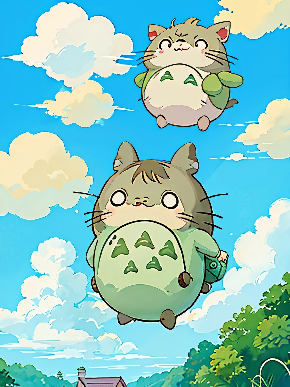 Hayao Miyazaki style, Kawaii Design, Chibi, (((on the Clouds))), Lots of My Neighbor Totoro, My Neighbor Totoro&#39;s Forest