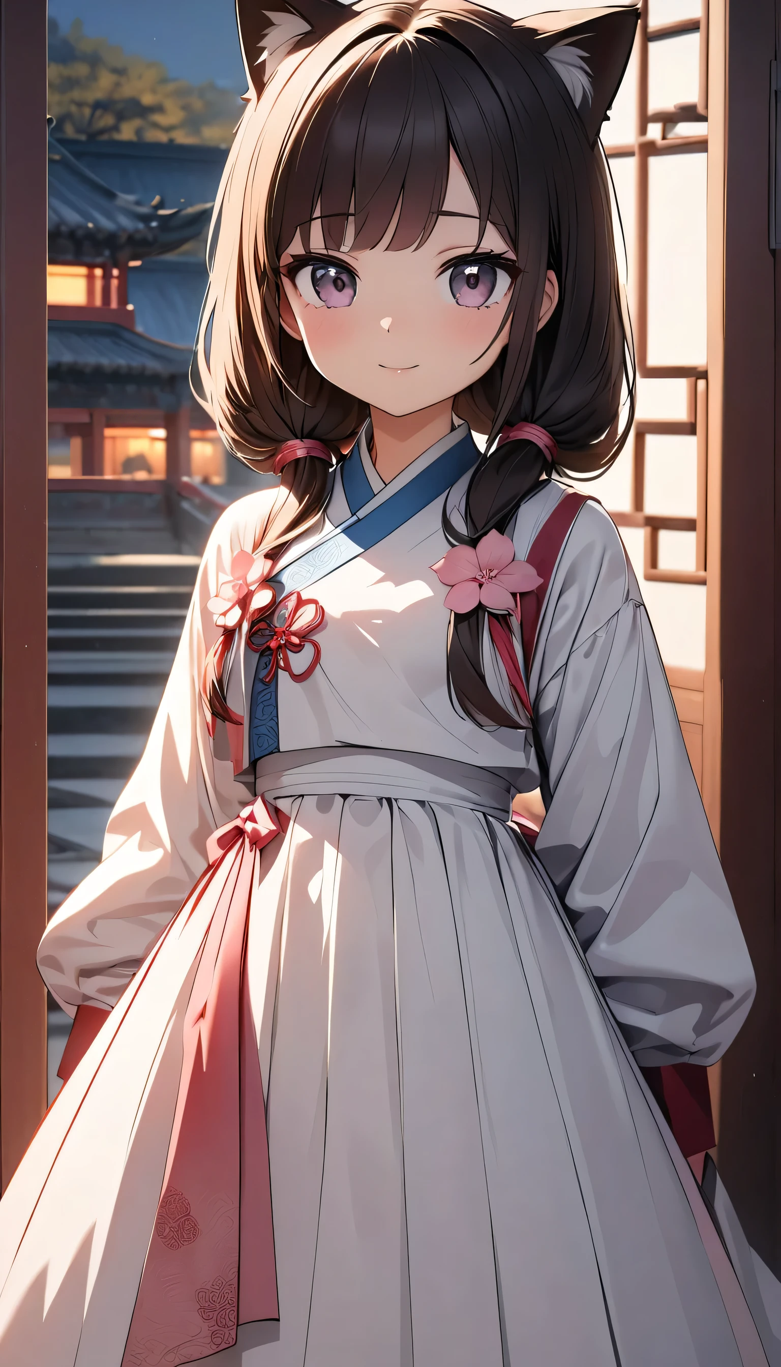 There is a cartoon girl in a dress, China dress, hanbok apron, Chinese Costume, Chinese traditional clothing, Close-up - view, hanbok, wearing ancient Chinese Costume, with ancient Chinese Costume, palace, Girl in Hanfu, White Hanfu, China dress, Kitten with pink flowers, Shadow Room, Light Edge, Two-tone lighting, (Skin with attention to detail: 1.2), 8K Ultra HD, Digital SLR, Soft Light, high quality, Volumetric lighting, Sneak a peek, photograph, High resolution, 4K, 8k, Background blur  