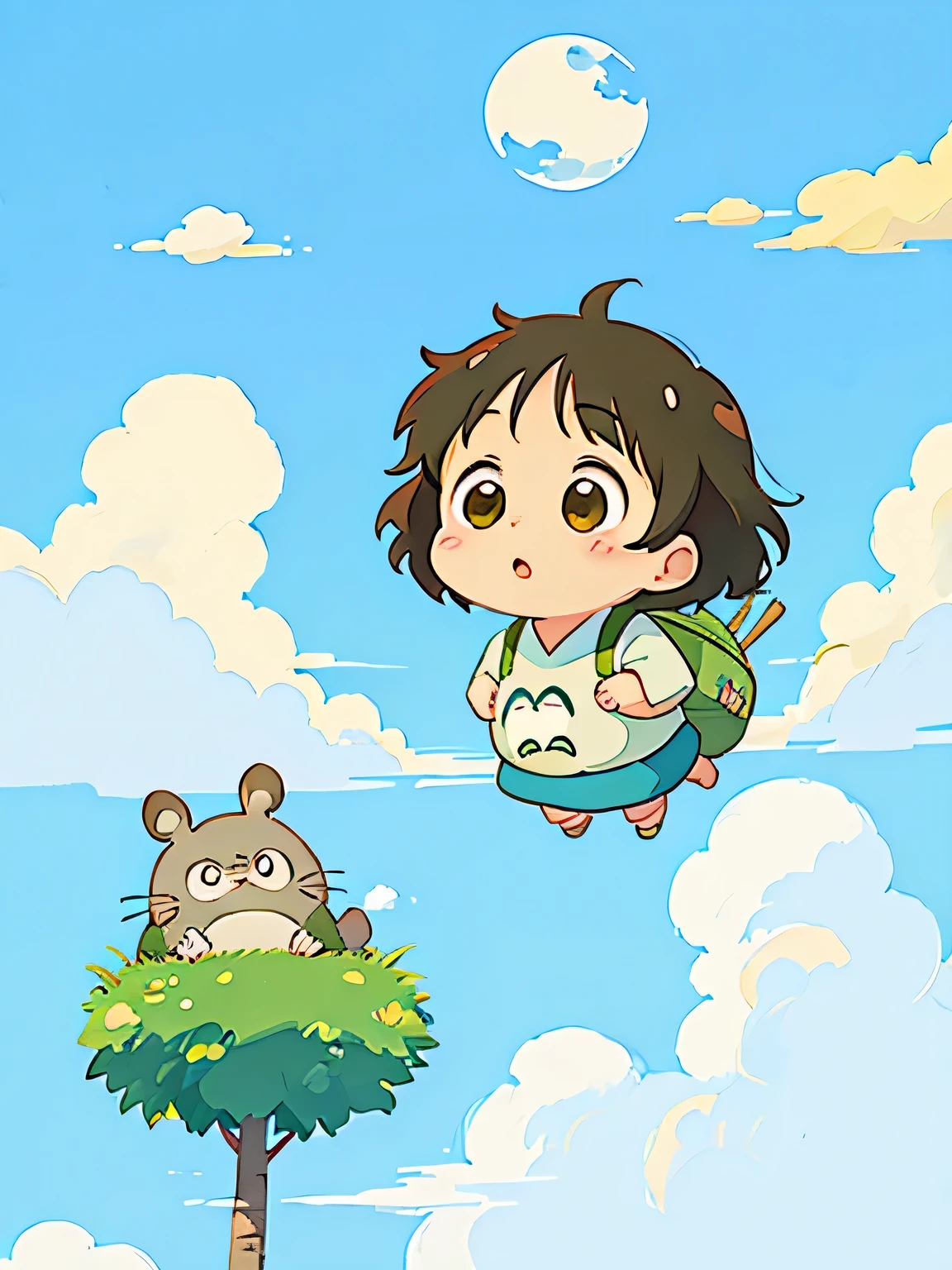 Hayao Miyazaki style, Kawaii Design, Chibi, (((on the Clouds))), Lots of My Neighbor Totoro, My Neighbor Totoro&#39;s Forest