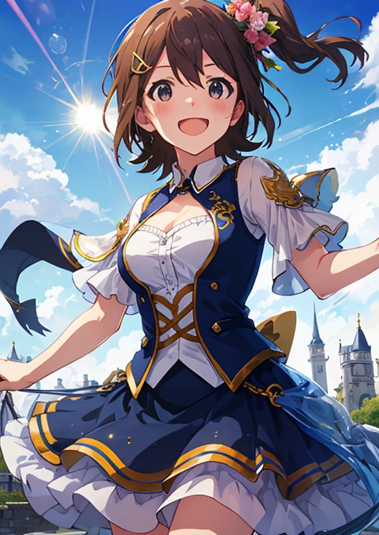 Mirai Kasuga, (highest quality, 8k, masterpiece, Very detailed:1.2), (Lens flare, Particles of light, Shine), Big Breasts, smile, Open your mouth, masterpiece, highest quality, Very detailed, High resolution, Very detailedなCG, (Official Art), mini skirt, camisole, (Embarrassing:1.1), (blush:1.2), Open your mouth, (shout:1.1), (Moving lines:1.1),  blue sky, Town,Cowboy Shot