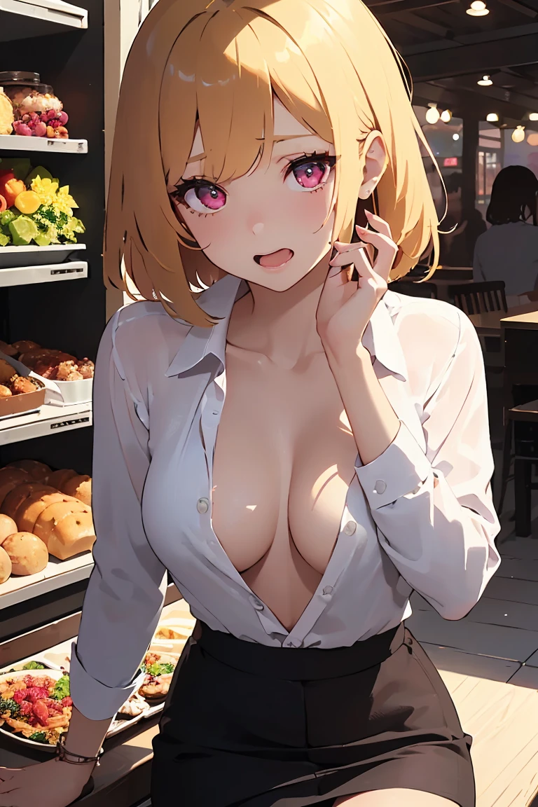 masterpiece, absurdres, best quality, ultra detailed, high Resolution, detailed illustration, bright colour, (extremely beautiful detailed face and eyes, Delicate beautiful face, 1 girl, cute face:1.3), (magenta eyes:1.1), sparkling eyes, big eyes, medium breasts, (perky breasts:1.1), (pointy breasts:1.1), medium hips, glamorous body, white skin, BREAK, long bob cut, (blonde hair:0.8), messy hair, detailed hair, shiny hair, BREAK (buggy casual shirt, middle skirt, down blouse:1.5), perfect lighting, (embarrassed:1.5), (ecstasy, vulgarity:1.5), (trembling:0.8), Food stalls, tourist spot, Choosing food,